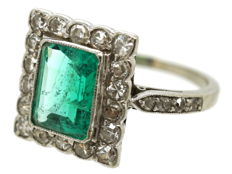 Art Deco 18ct Gold, Platinum, Emerald & Diamond Rectangular Ring