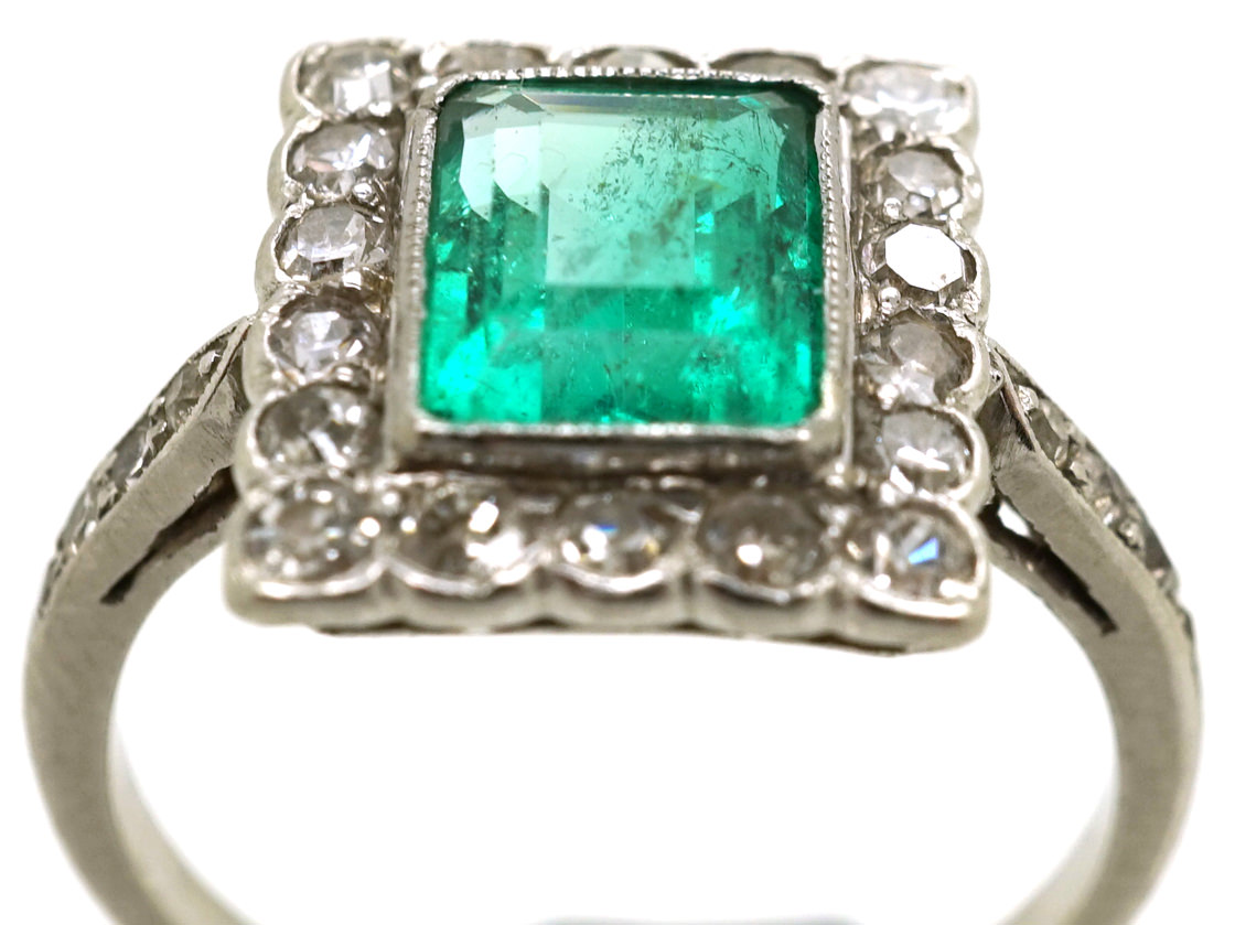 Art Deco 18ct Gold, Platinum, Emerald & Diamond Rectangular Ring (70L ...