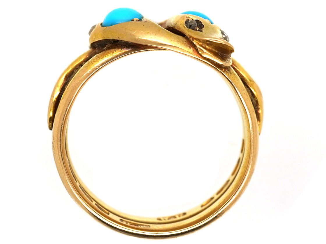 Victorian 18ct Gold Double Snake Ring set with Turquoise & Rose