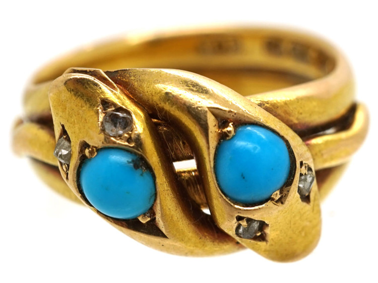 Victorian 18ct Gold Double Snake Ring set with Turquoise & Rose Diamonds