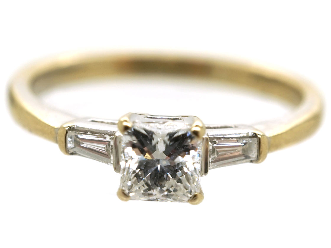 18ct White Gold French Cut Diamond Ring with Baguette Diamond Shoulders