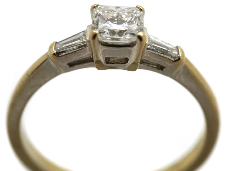 18ct White Gold French Cut Diamond Ring with Baguette Diamond Shoulders
