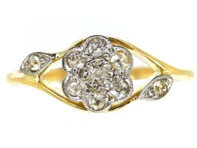 Edwardian 18ct Gold, Platinum, Diamond Cluster Ring with Diamond Set Shoulders