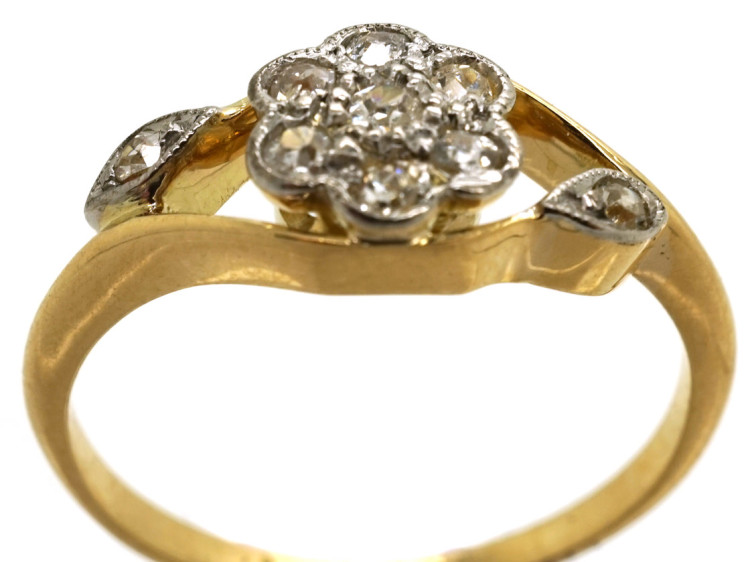Edwardian 18ct Gold, Platinum, Diamond Cluster Ring with Diamond Set Shoulders