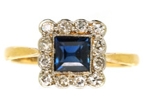 Art Deco 18ct Gold, Platinum, Sapphire & Diamond Square Ring