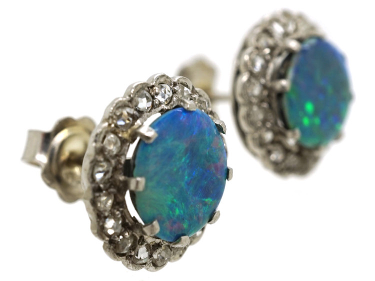 Art Deco 18ct White Gold, Opal Doublet & Rose Diamond Round Earrings