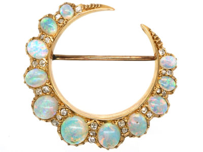 Victorian 15ct Gold, Opal & Diamond Crescent Brooch
