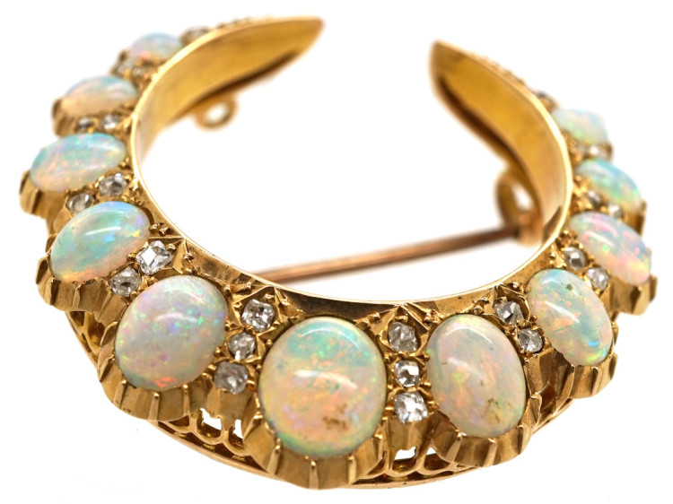 Victorian 15ct Gold, Opal & Diamond Crescent Brooch