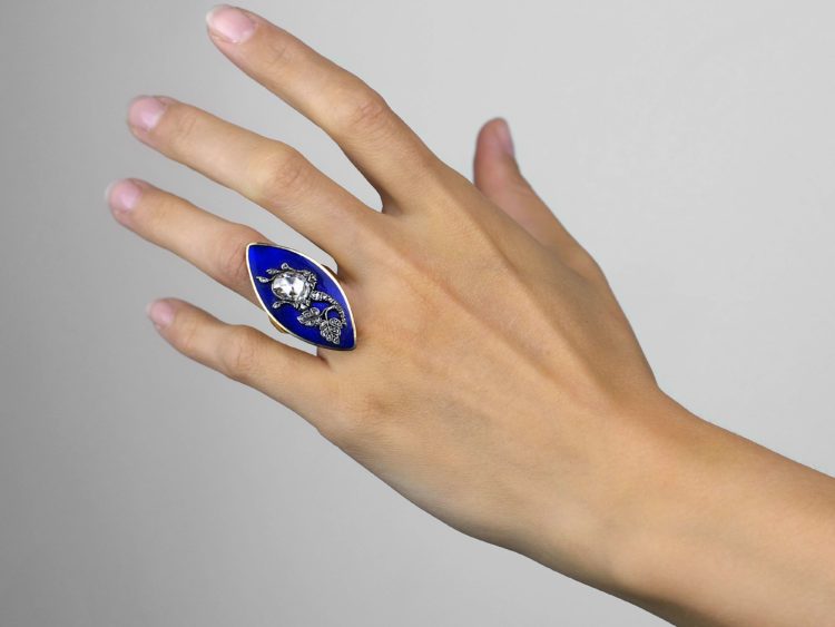 Georgian Large Rose Diamond & Royal Blue Enamel Rose Ring