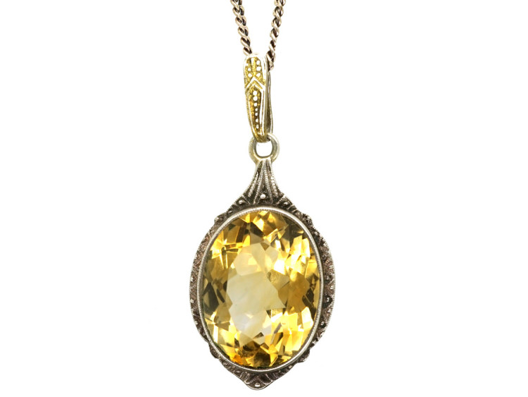 Silver Art Deco Pendant set with a Citrine on a Silver Chain