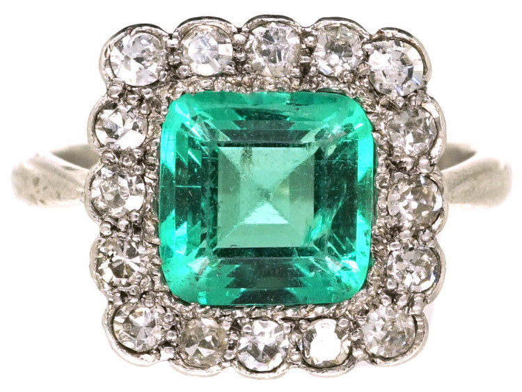 Art Deco Platinum, Emerald & Diamond Square Ring