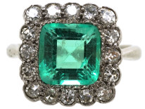 Art Deco Platinum, Emerald & Diamond Square Ring