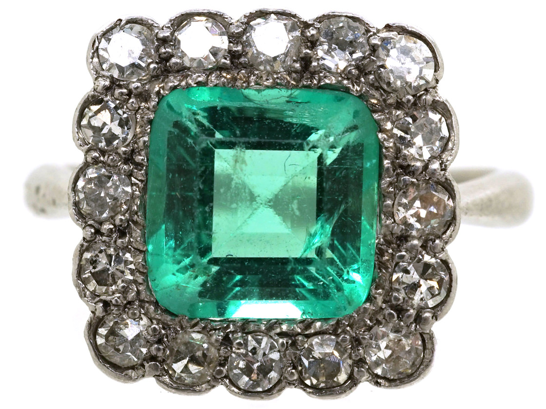 Art Deco Platinum, Emerald & Diamond Square Ring (144L) | The Antique ...
