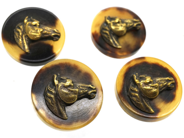 Four Horn & Brass Buttons of Horse's Heads