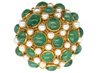 18ct Gold Emerald & Pearl Dome Brooch