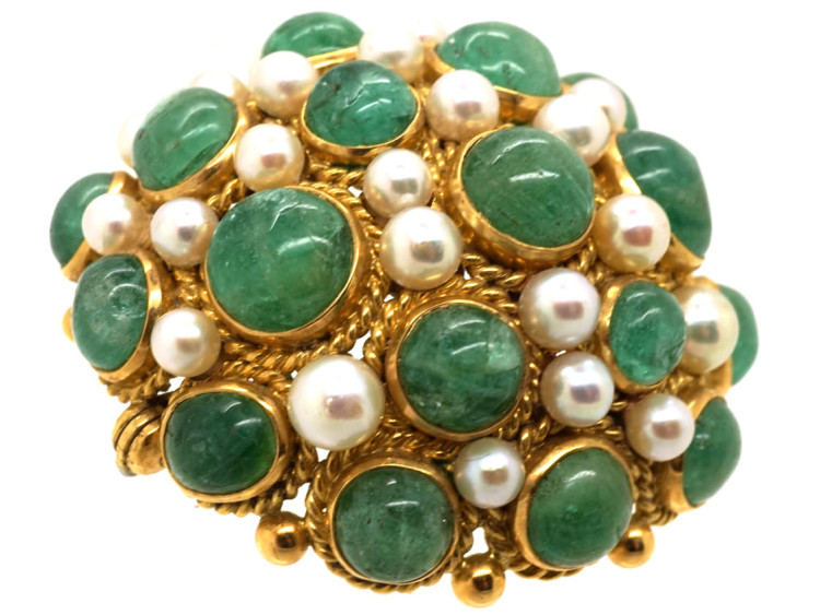 18ct Gold Emerald & Pearl Dome Brooch