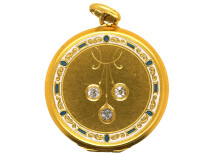 Art Deco 14ct Gold & Enamel Round Locket Set With Three Diamonds