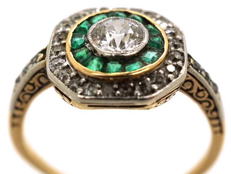 Art Deco 18ct Gold, Platinum, Octagonal Shaped Emerald & Diamond Target Ring