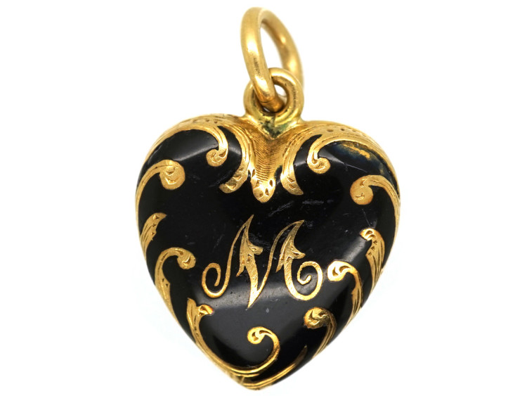 Victorian 18ct Gold & Black Enamel Heart Pendant With M Monogram