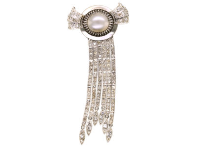 Art Deco 18ct White Gold, Diamond & Pearl Cascade Brooch