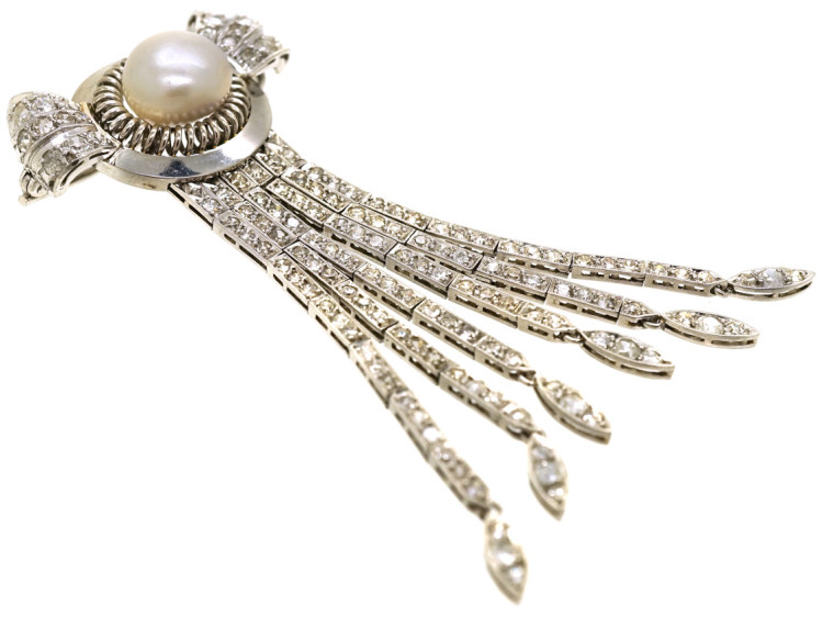 Art Deco 18ct White Gold, Diamond & Pearl Cascade Brooch
