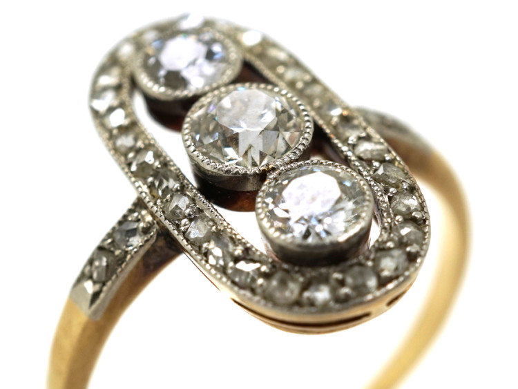 Art Deco 18ct Gold, Platinum & Three Stone Diamond Oval Ring
