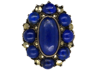 Art Deco Lapis Lazuli & Marcasite Oval Silver Ring