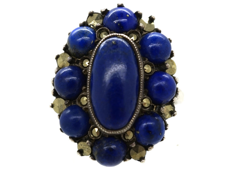 Art Deco Lapis Lazuli & Marcasite Oval Silver Ring