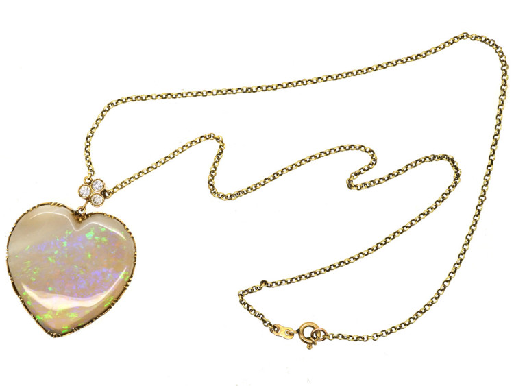 Edwardian Large Opal Heart Pendant with Diamond Top on 14ct Gold Chain