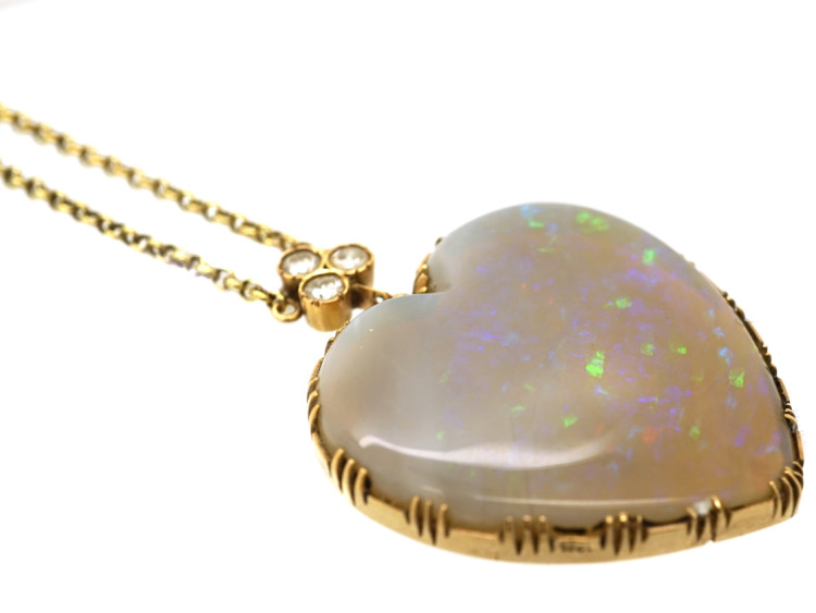Edwardian Large Opal Heart Pendant with Diamond Top on 14ct Gold Chain