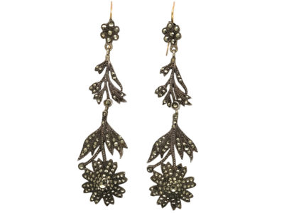 Edwardian Long Drop Silver & Marcasite Flower Earrings