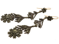 Edwardian Long Drop Silver & Marcasite Flower Earrings