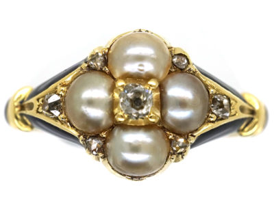 Regency 18ct Gold Blue Enamel, Diamond & Pearl Cluster Ring