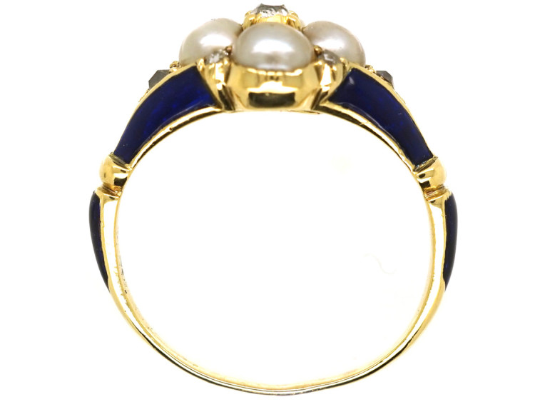 Regency 18ct Gold Blue Enamel, Diamond & Pearl Cluster Ring