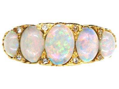 Victorian 18ct Gold, Five Stone Opal & Diamond Carved Half Hoop Ring