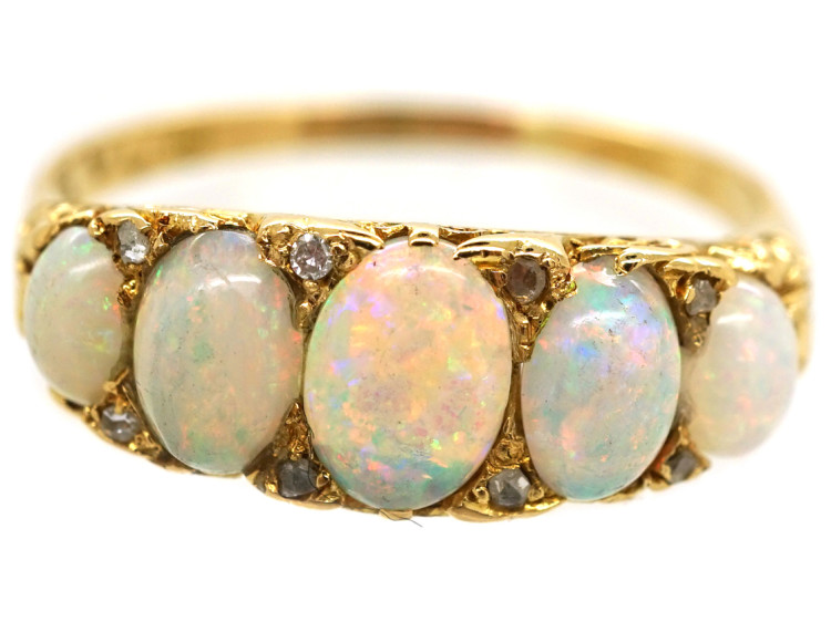 Victorian 18ct Gold, Five Stone Opal & Diamond Carved Half Hoop Ring