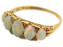 Victorian 18ct Gold, Five Stone Opal & Diamond Carved Half Hoop Ring