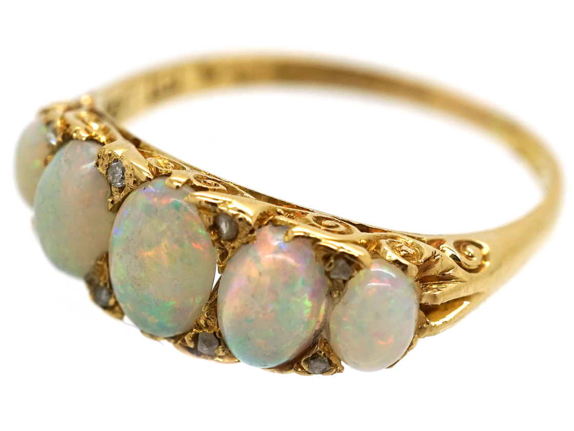 Victorian 18ct Gold, Five Stone Opal & Diamond Carved Half Hoop Ring ...