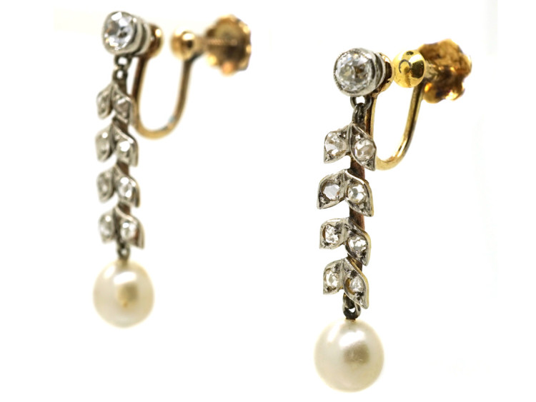 Edwardian 15ct Gold & Platinum, Diamond & Pearl Drop Earrings