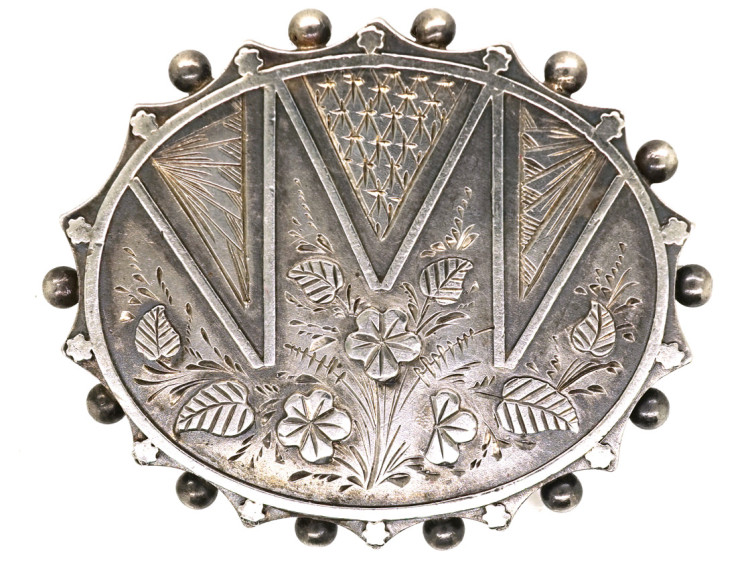 Victorian Silver Oval Brooch With Flower Design