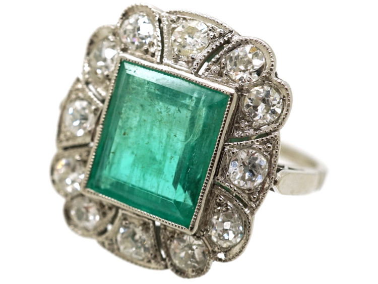 Art Deco Platinum Large Emerald & Diamond Ring