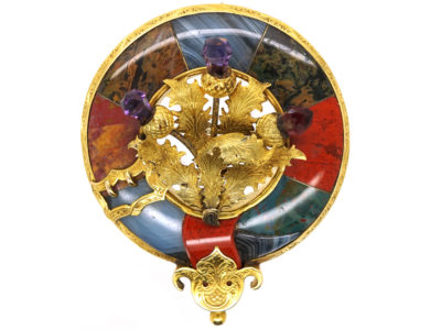 Victorian 15ct Gold Scottish Garter & Thistle Brooch Set With Jasper, Bloodstone & Amethysts