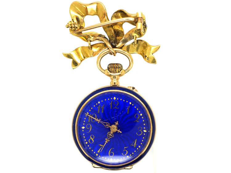 Edwardian 18ct Gold, Enamel & Rose Diamond Pocket Watch With Matching Bow Brooch