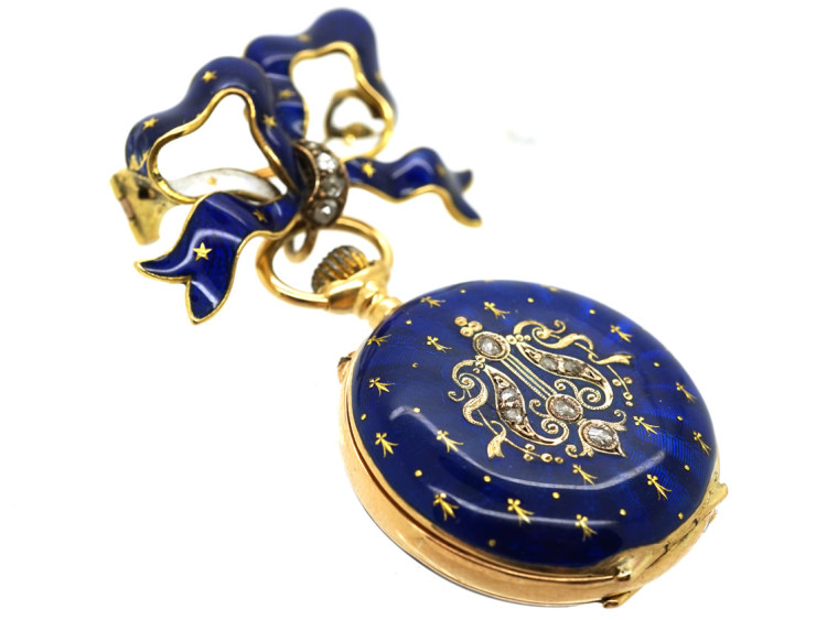 Edwardian 18ct Gold, Enamel & Rose Diamond Pocket Watch With Matching Bow Brooch