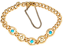 Edwardian 15ct Gold Curb Bracelet Set With Turquoise & Pearls