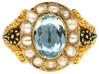 Victorian Gold, Enamel, Aquamarine & Natural Split Pearl Cluster Mourning Ring