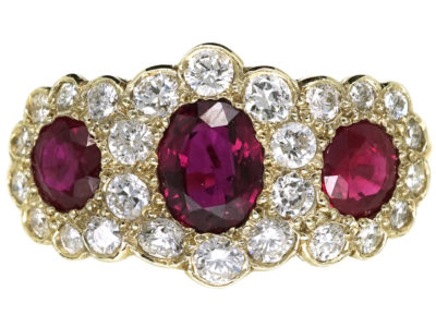 Edwardian 18ct Gold Ruby & Diamond Triple Cluster Ring