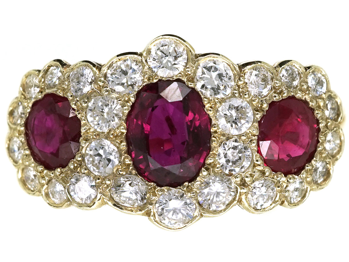 Edwardian 18ct Gold Ruby & Diamond Triple Cluster Ring (146L) | The ...