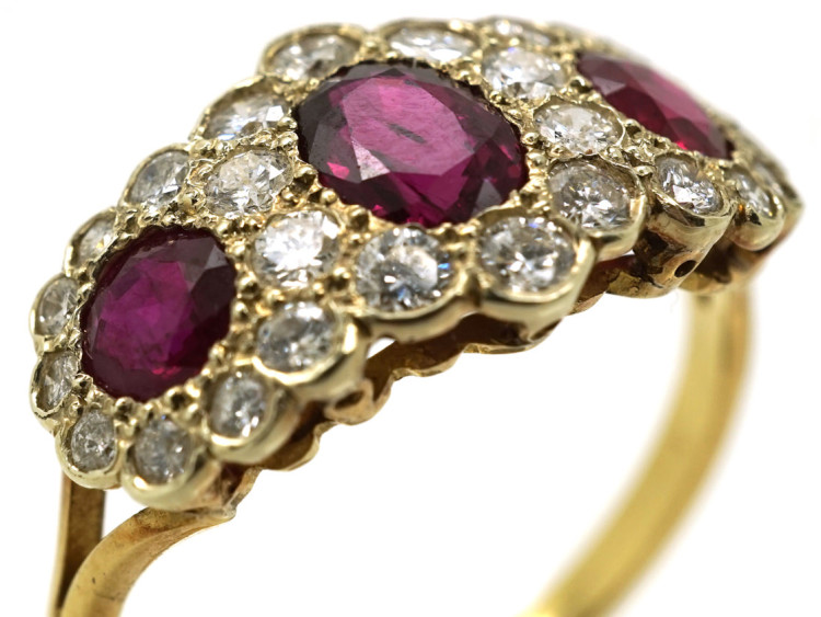 Edwardian 18ct Gold Ruby & Diamond Triple Cluster Ring