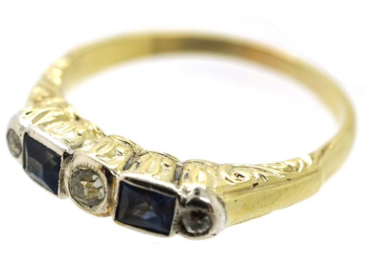 Art Deco 14ct Gold Sapphire & Diamond Five Stone Ring